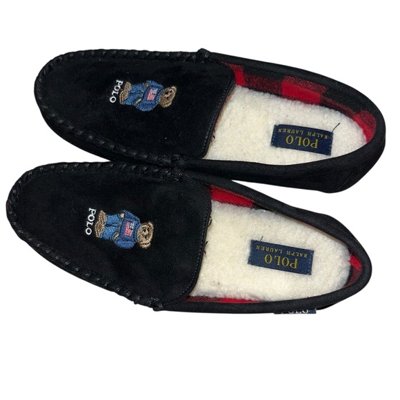 POLO RALPH LAUREN Bear Black Suede Moccasin Slipper Sherpa lined new nwot men 8 - Picture 3 of 7